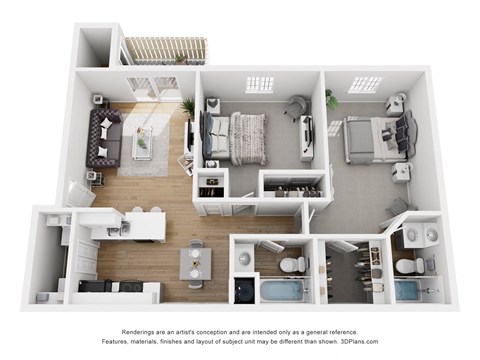 Floor plan for 2 beds, 2 baths, 906 sqft